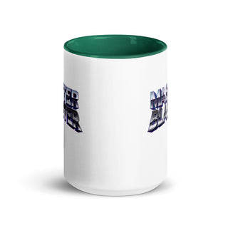 a white and green coffee mug with a logo on it