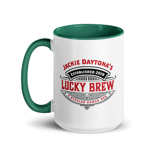 a white and green coffee mug with the words lucky brew on it