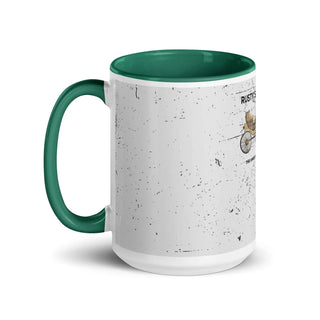 a green and white coffee mug with a picture of a cat on it