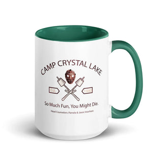 a green and white coffee mug with a picture of a man's face and