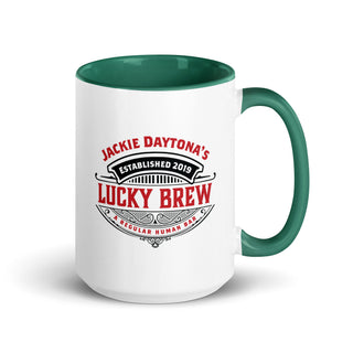 a white and green coffee mug with the words lucky brew on it