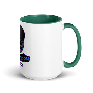a green and white coffee mug with a picture of a man