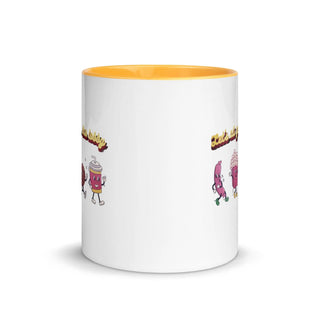 a white and yellow coffee mug with cartoon characters on it