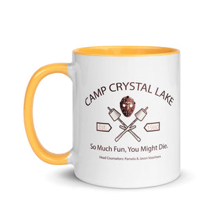 a camp crystal lake mug with a picture of the camp crystal lake logo on it