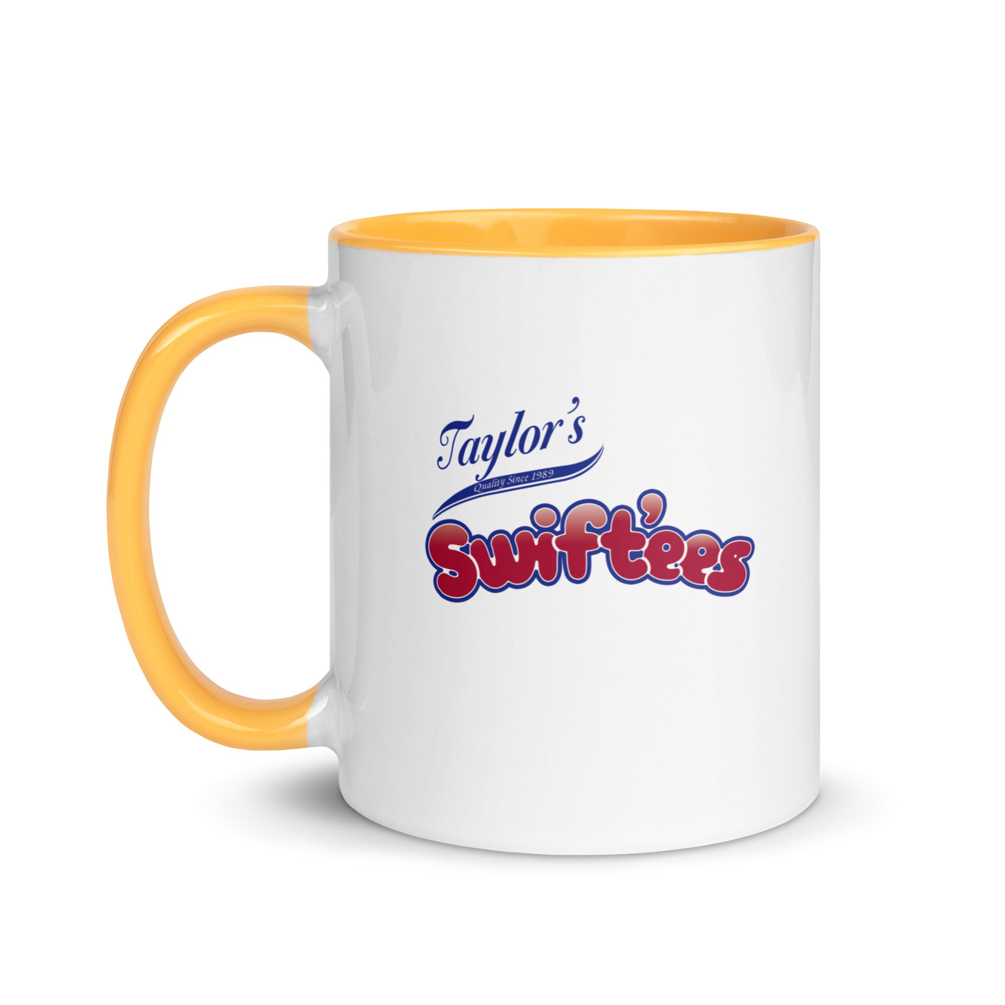 a white and pink coffee mug with taylor's swiftfeasts on it