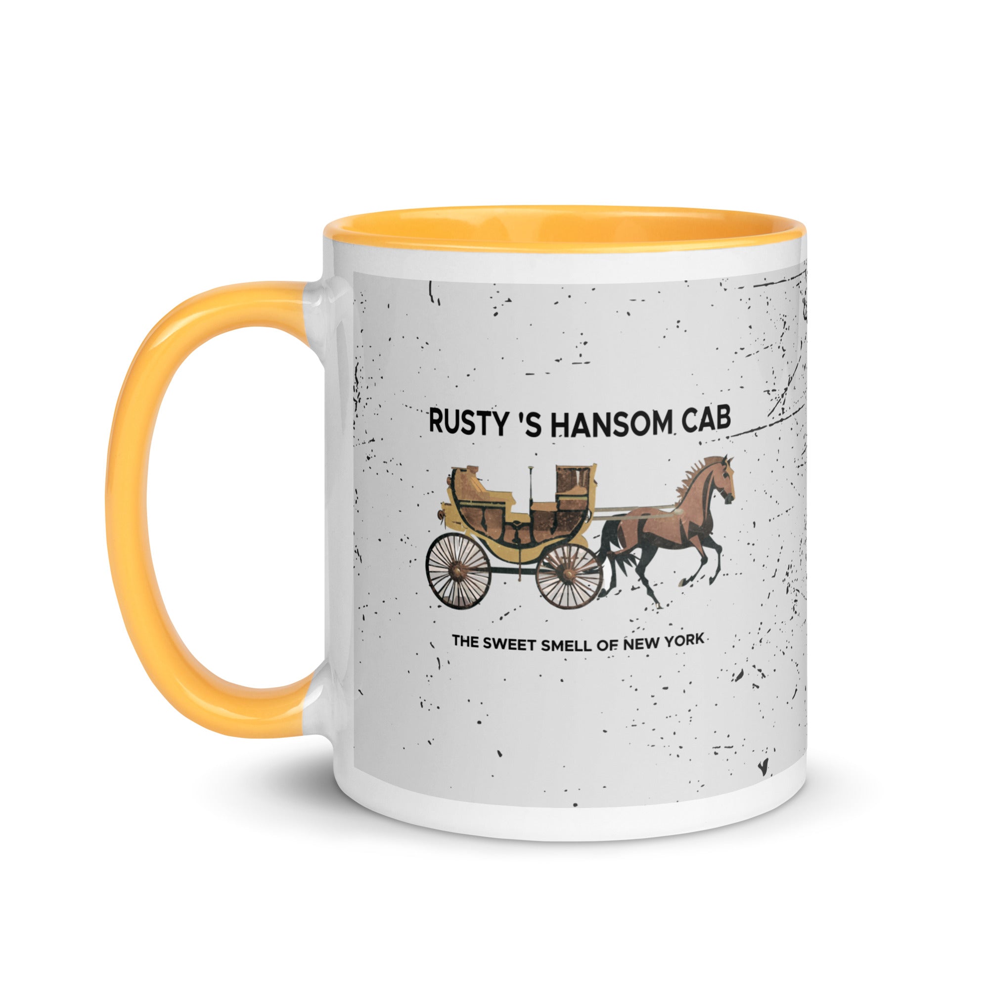 a red and white coffee mug with a horse drawn carriage