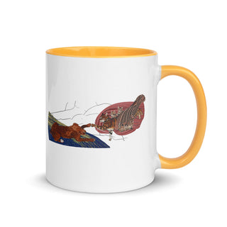 a white and yellow coffee mug with a picture of a horse and a hot air