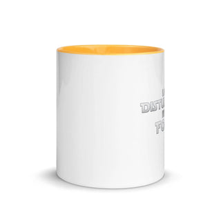 a white and yellow coffee mug with the words data fit on it