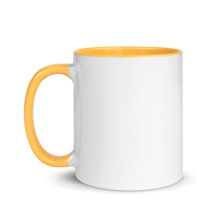 a white and yellow coffee mug on a white background