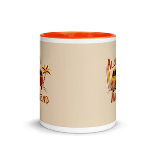 a white and orange coffee mug with a picture of a surfboard