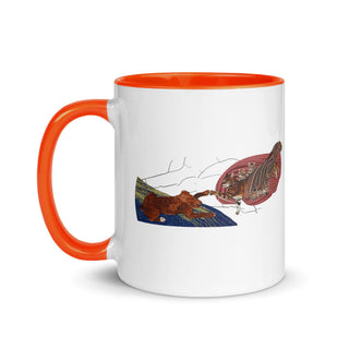 a white and orange coffee mug with a picture of a butterfly on it