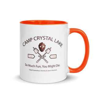 a coffee mug with a camp crystal lake logo on it