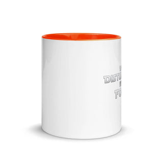 a white and orange coffee mug with the words dad on it