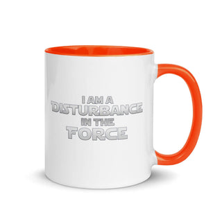 a white and orange coffee mug with the words i am a distance in the force