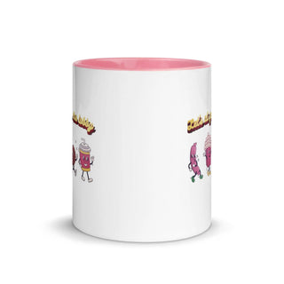 a pink and white coffee mug with cartoon characters on it