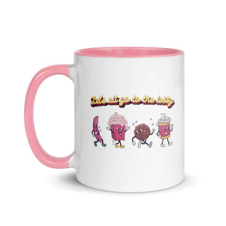 a pink and white coffee mug with cartoon characters on it