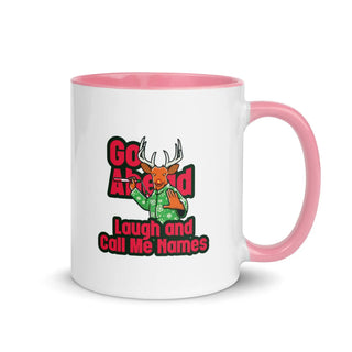 a white and pink coffee mug with a deer on it