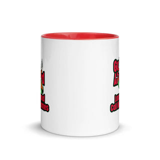 a white and red coffee mug with a red bottom