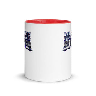 a white and red coffee mug with a red rim