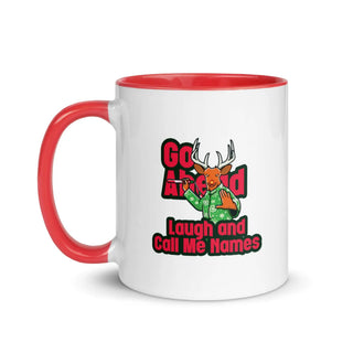 a red and white coffee mug with a deer on it