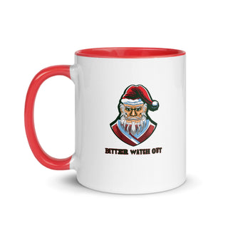 a red and white coffee mug with a santa clause on it