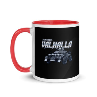 a red and white coffee mug with a picture of a vehicle