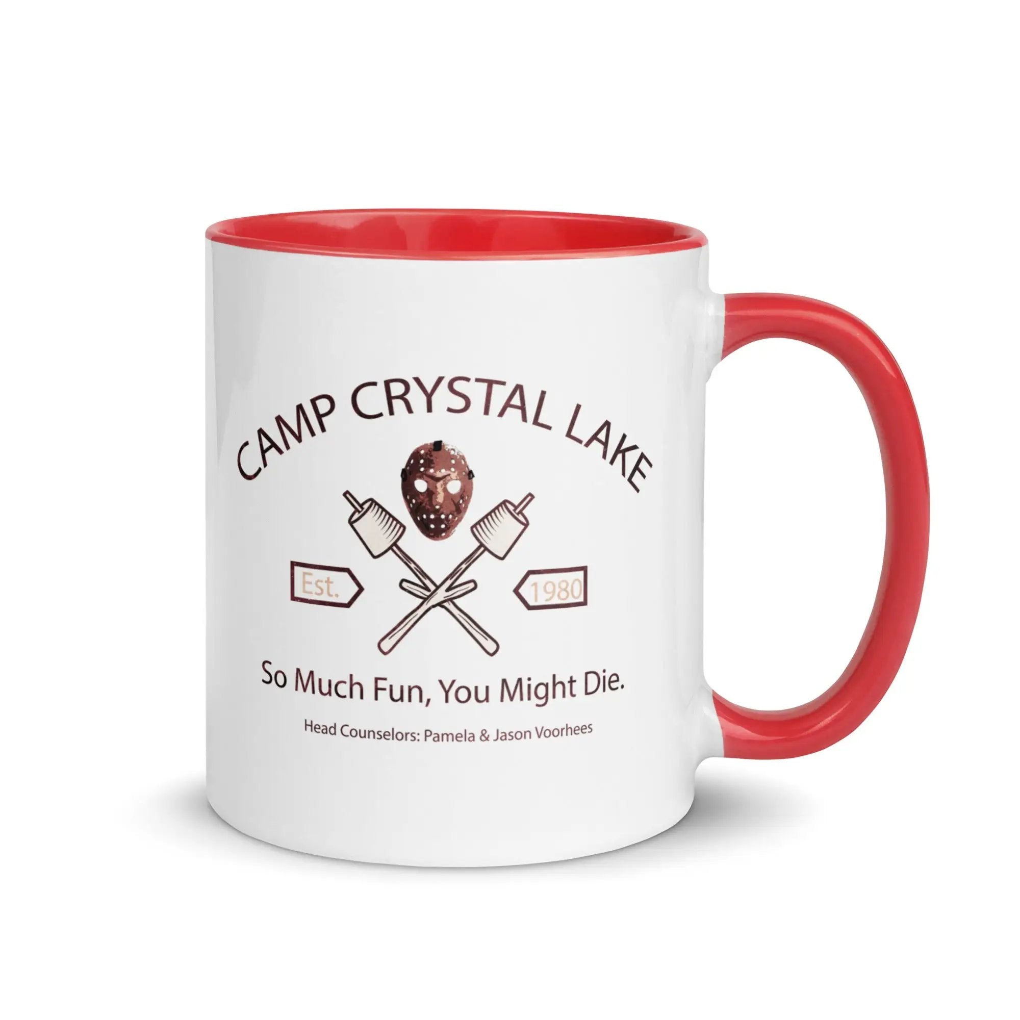 a red and white coffee mug with a camp crystal lake logo