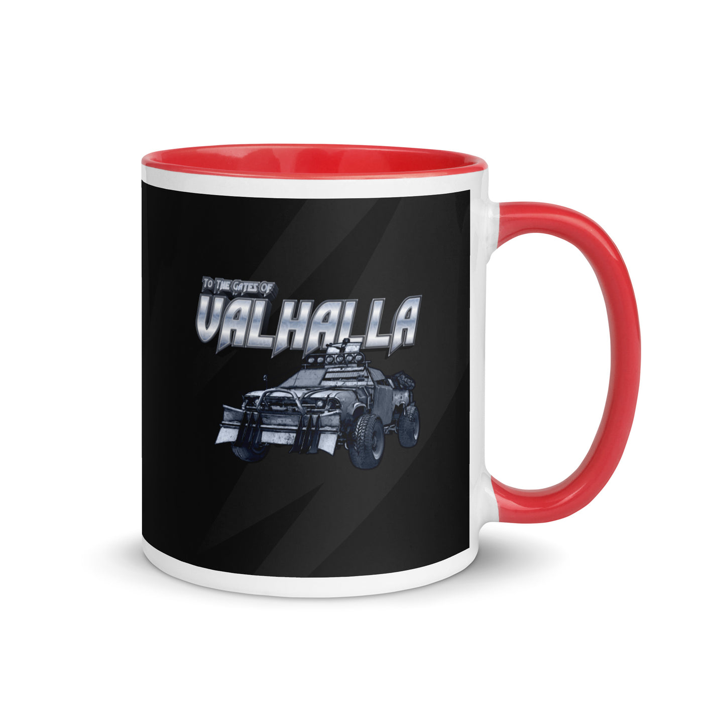 a red and white coffee mug with an image of a car