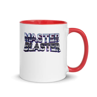 a red and white coffee mug with the words master blaster on it