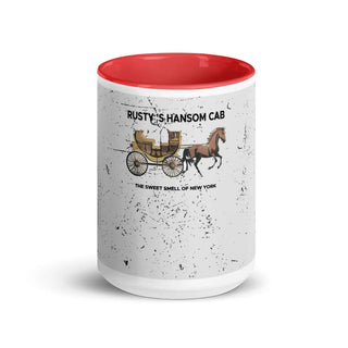 a red and white coffee mug with a horse drawn carriage