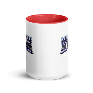 a white and red coffee mug with a blue and white logo