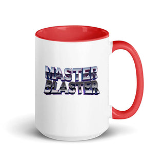 a red and white coffee mug with the words master blaster on it