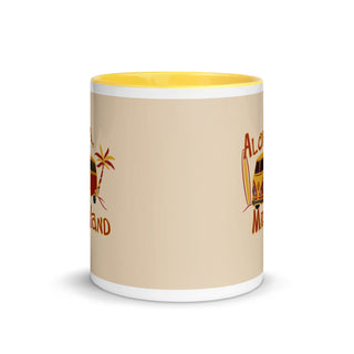 a yellow and white coffee mug with a picture of a surfboard