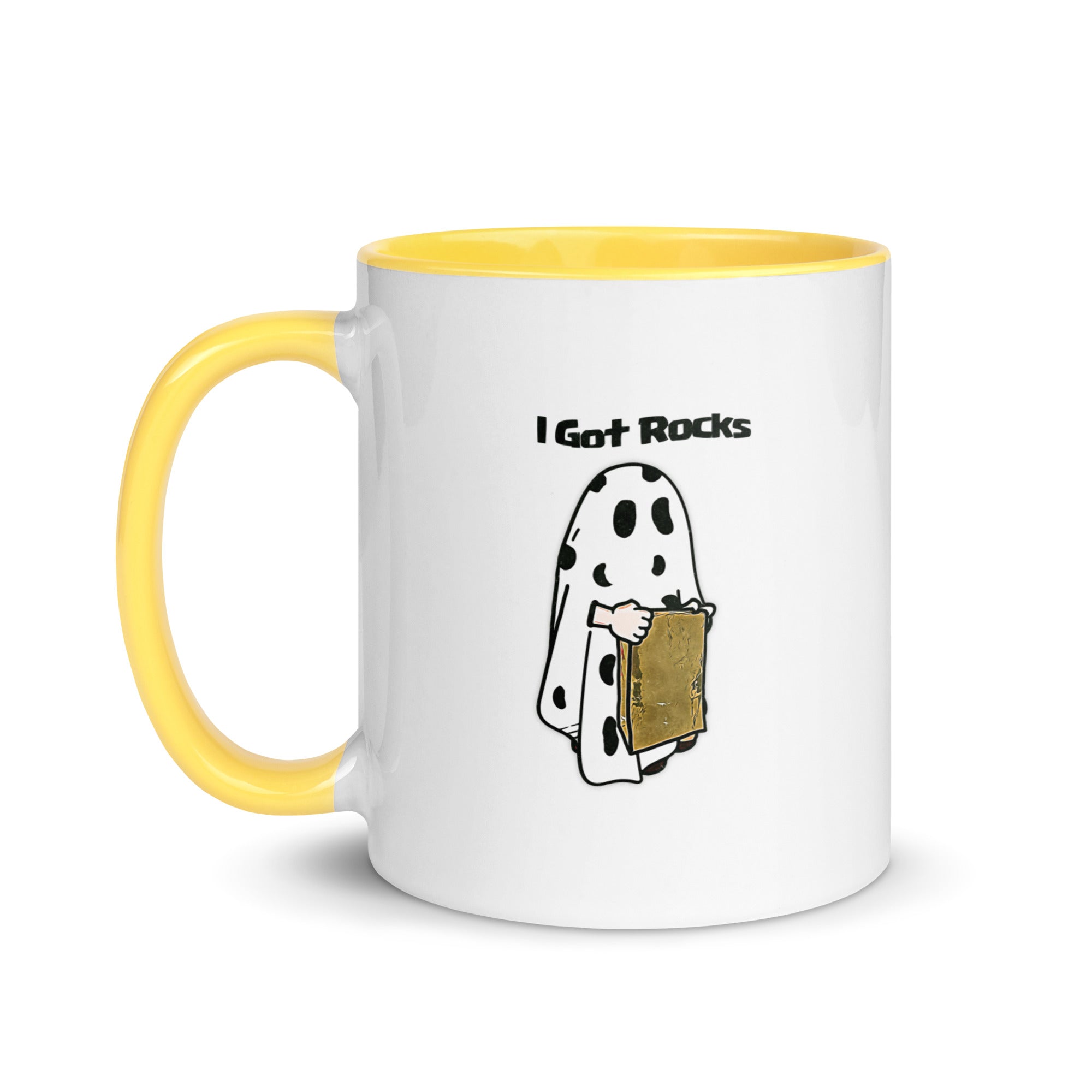 a white and orange coffee mug with a cartoon of a ghost holding a box