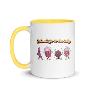 a white and yellow coffee mug with cartoon characters on it