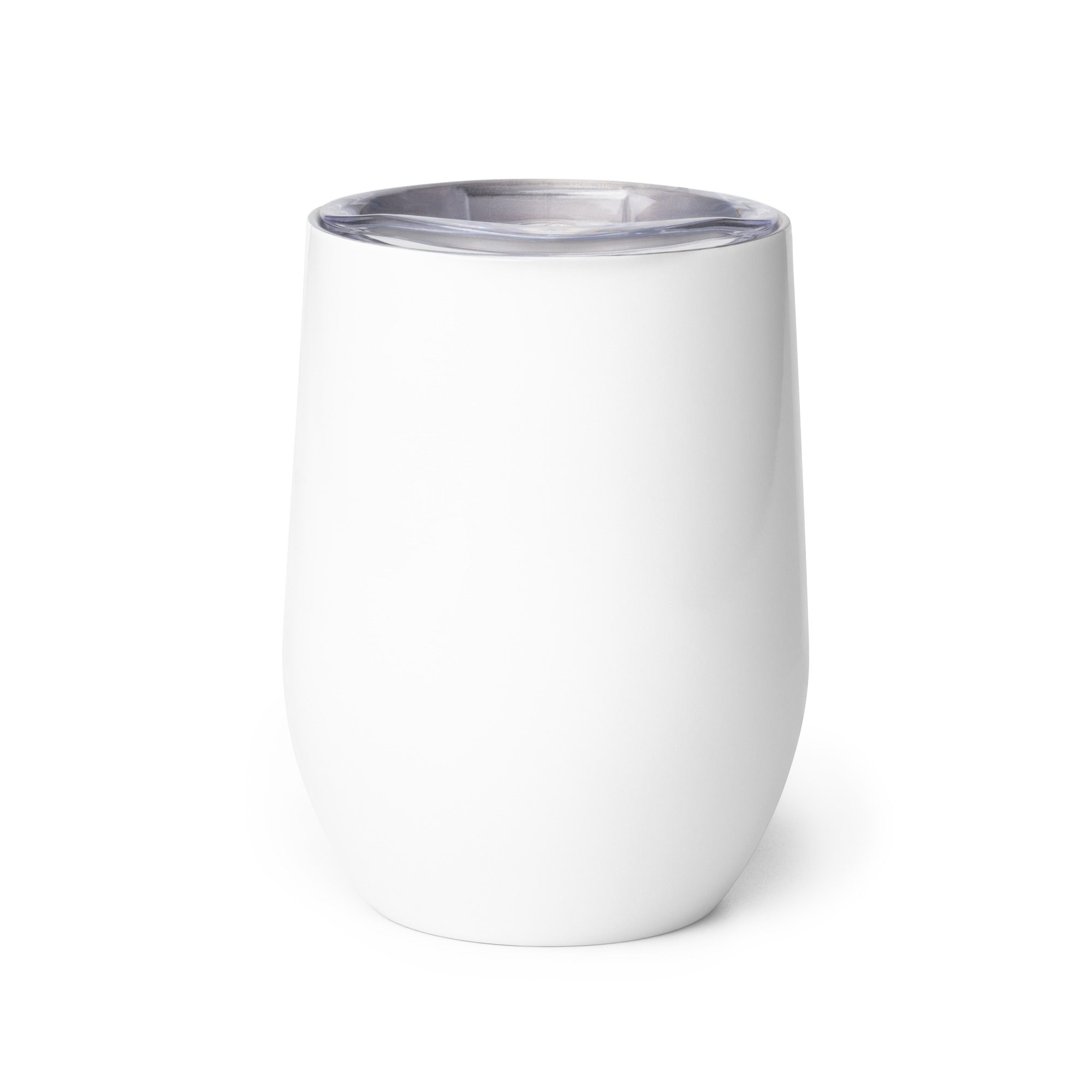 a white tumbler with a red and white label on it