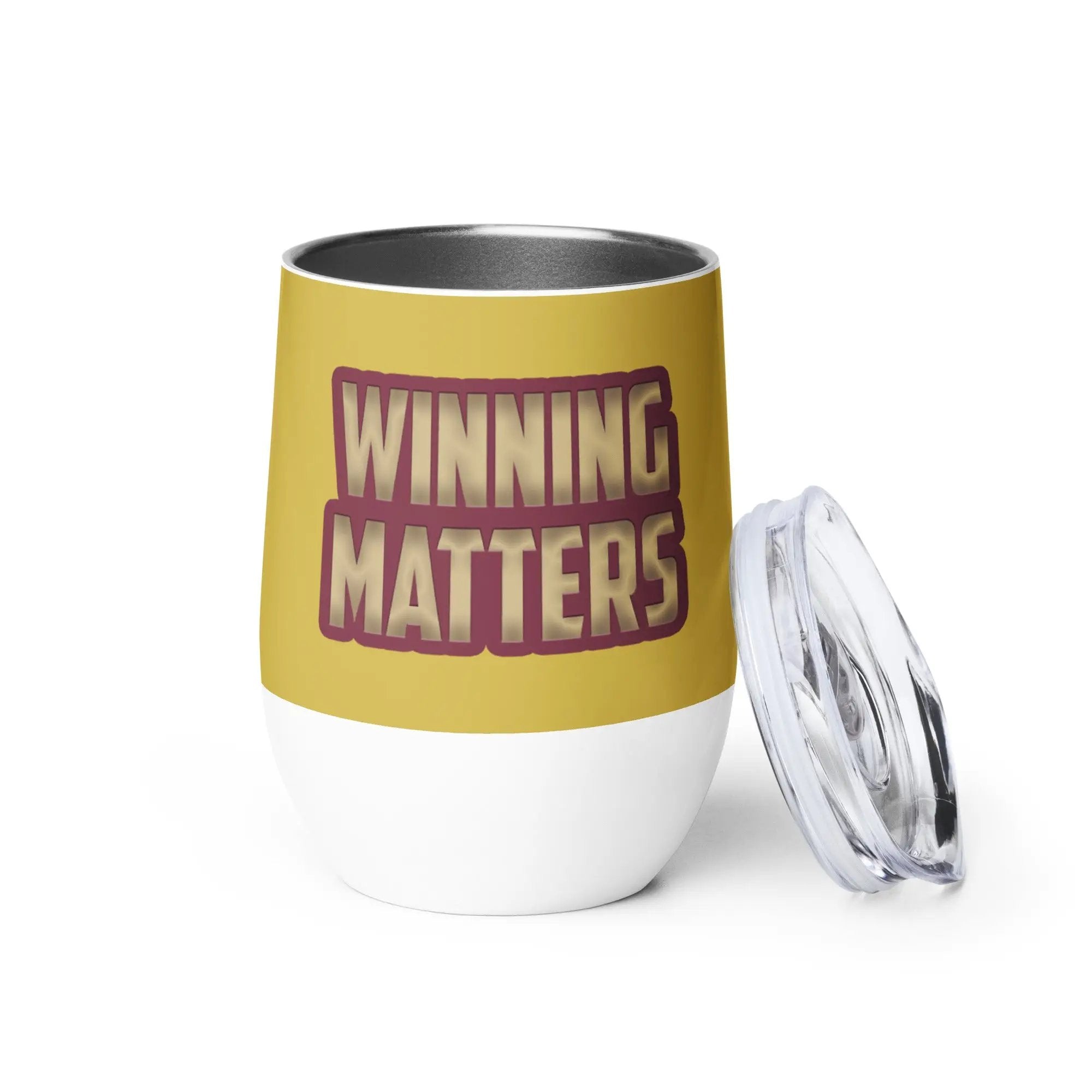 a white and yellow coffee cup with the words winning matters printed on it