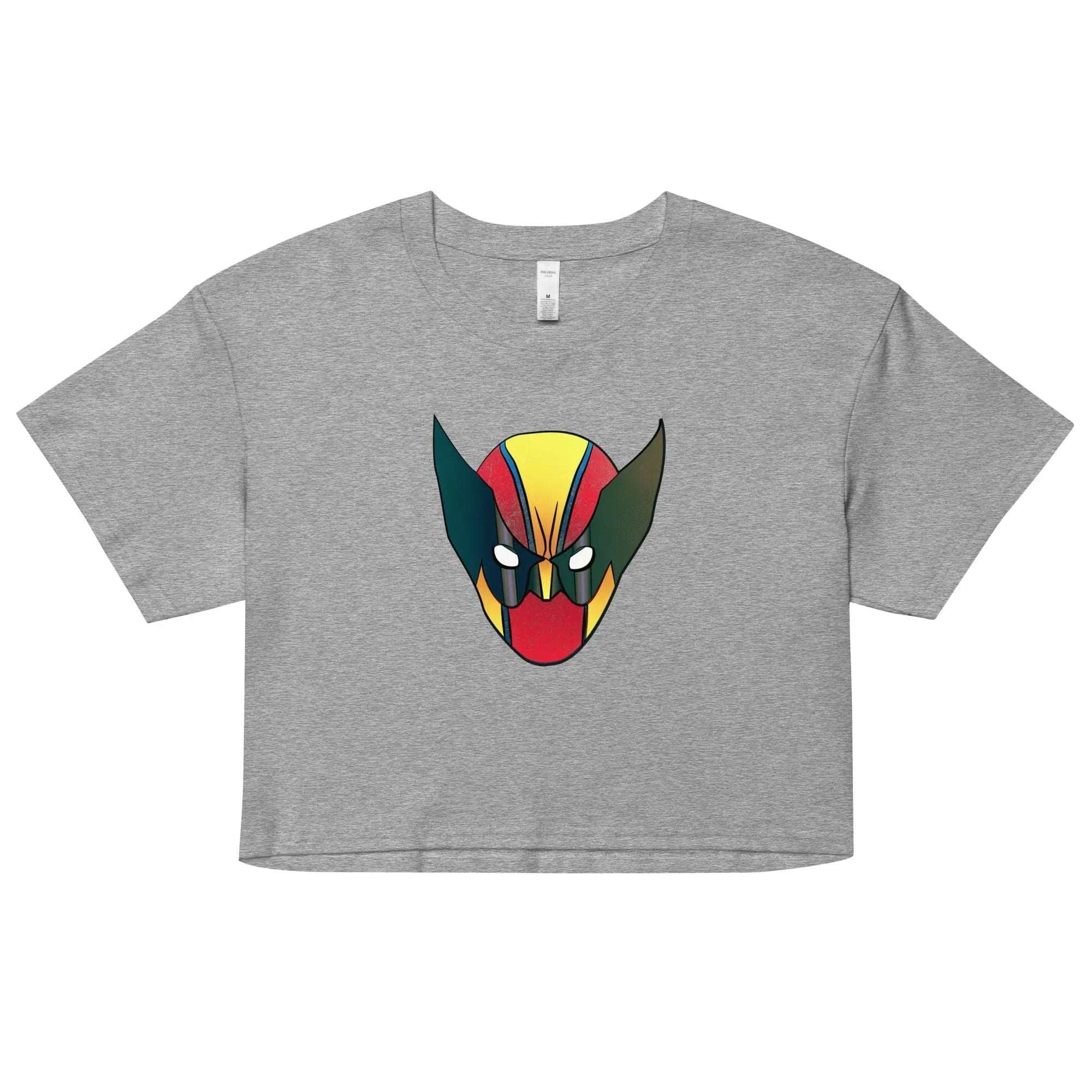 a grey crop top with a red, yellow, and green face