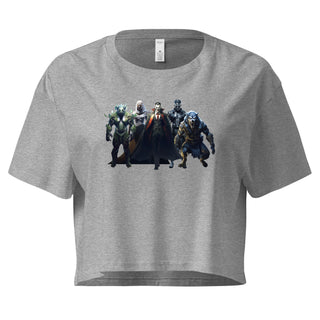 Gray crop top featuring a colorful graphic print of monsters from horror movies, short sleeves, round neckline, casual style