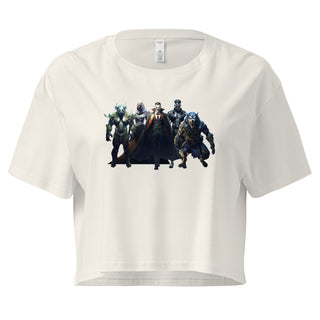 White crop top with a vivid graphic of horror movie monsters, short sleeves, round neckline, casual fashion