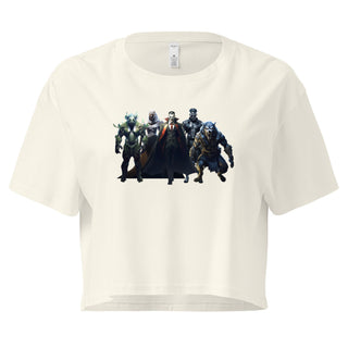 White crop top with a colorful horror movie monsters graphic, short sleeves, round neckline, casual style