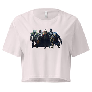 White crop top with a vibrant graphic design of horror movie monsters, short sleeves, round neckline, casual clothing