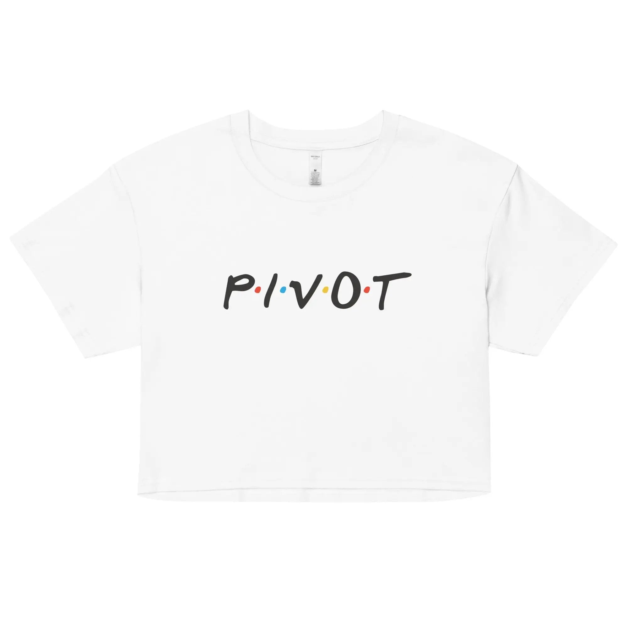 a pink crop top with the word pivot printed on it