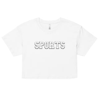 a white crop top with the word sports printed on it