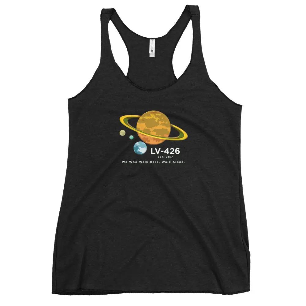 a women's black tank top with the nasa logo on it