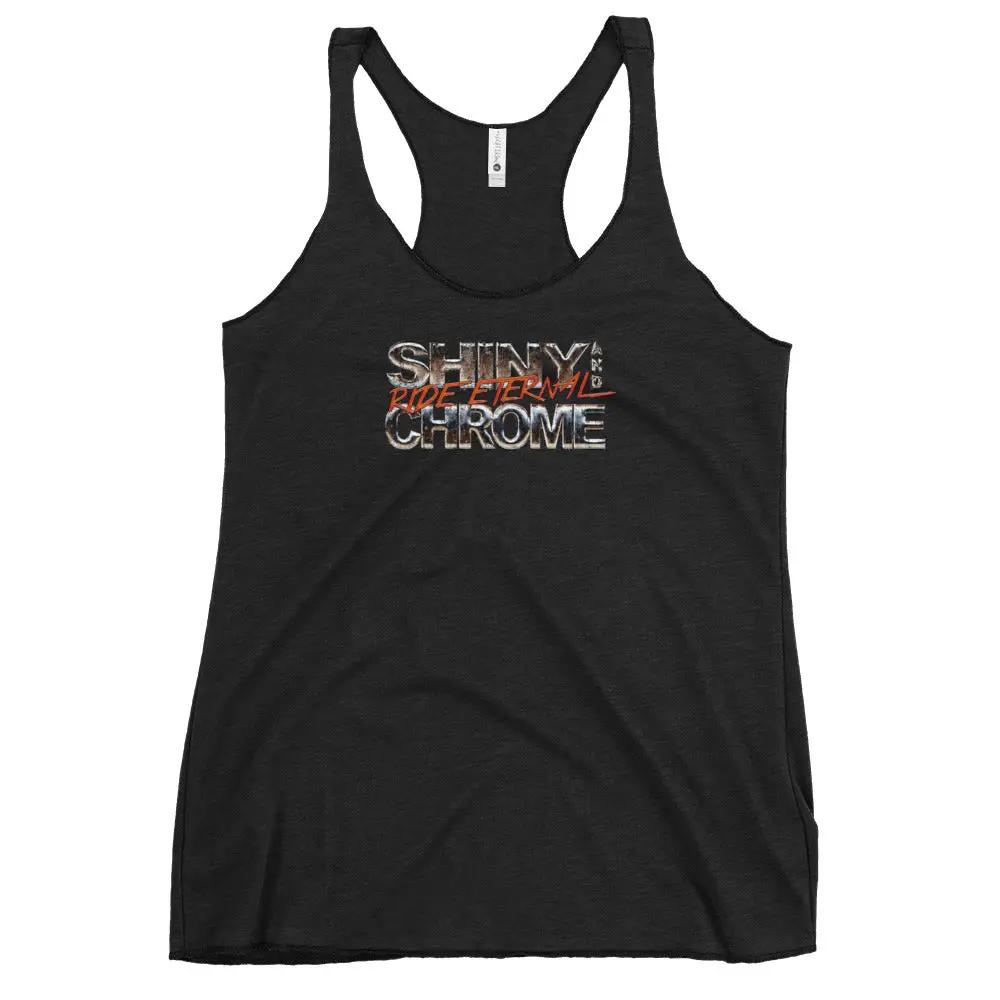 a black tank top with the words shiny chrome on it