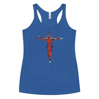 a women's tank top with a picture of a man on a cross