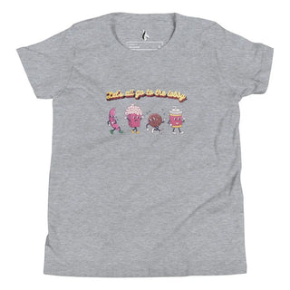 a gray t - shirt with three cartoon characters on it