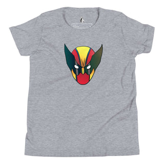 a gray t - shirt with a red, yellow and green face