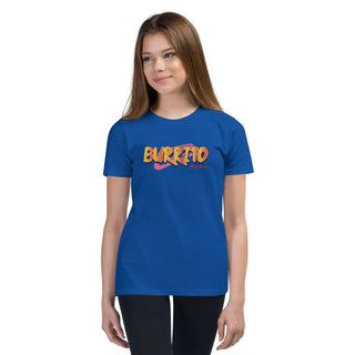 a woman wearing a blue t - shirt with the word buffalo on it
